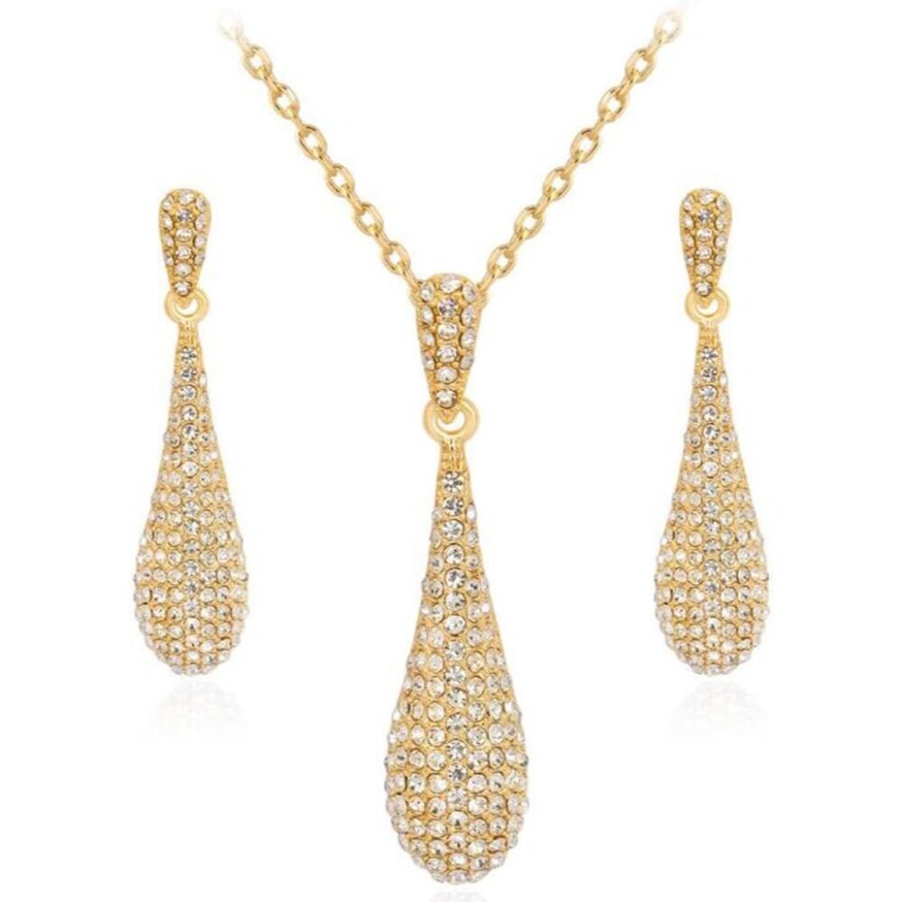 Full Crystal Rhinestone Gem Tear Drop Pendant Necklace Earrings Jewelry Sets